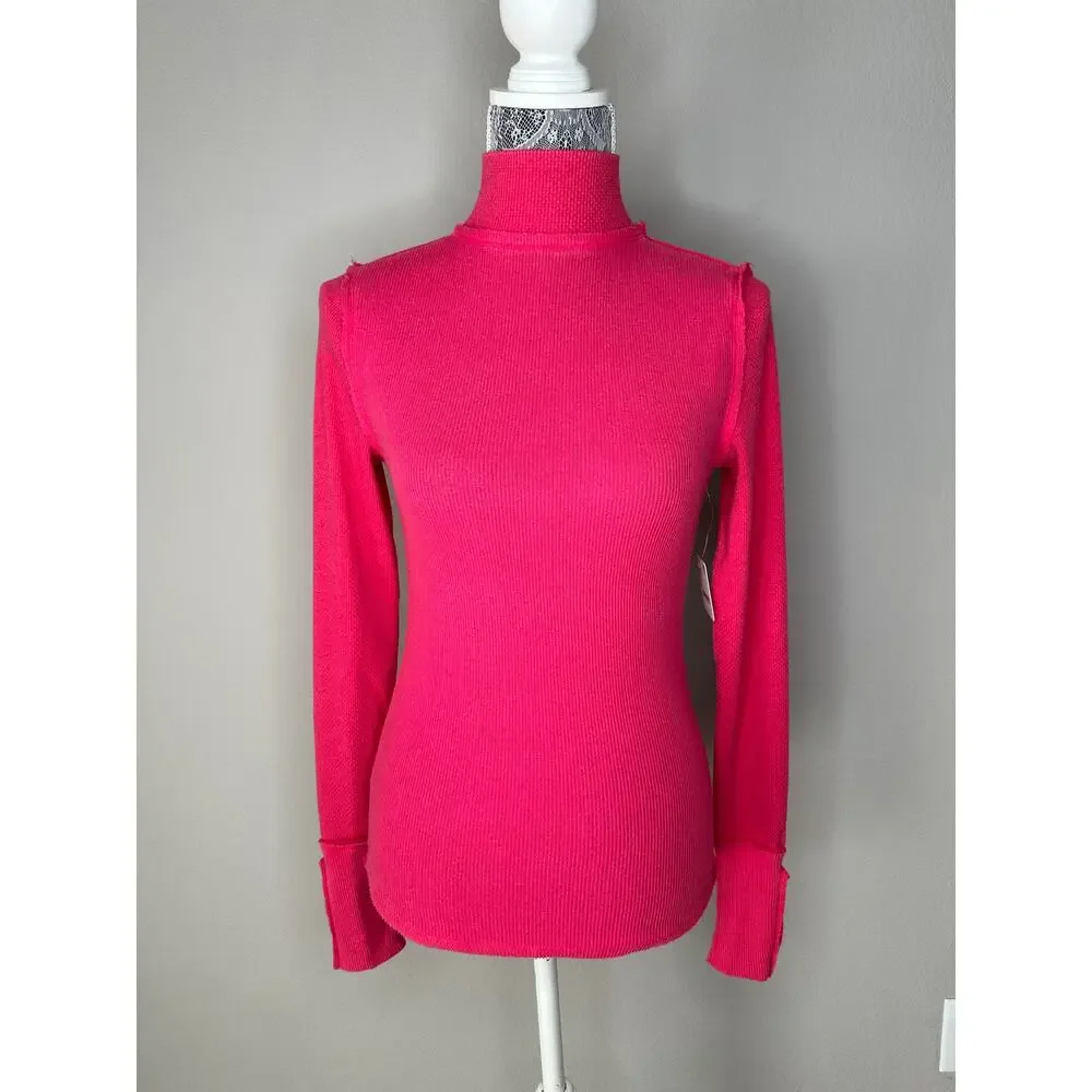 FREE PEOPLE Rivet Studded Cuff Mock Neck Thermal Long Sleeve Shirt Top XS